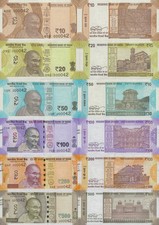 India 10 20 50-500 Rupees 2017-2024 P 109-114 UNC Set 6 p Matching LOW No. XX NR