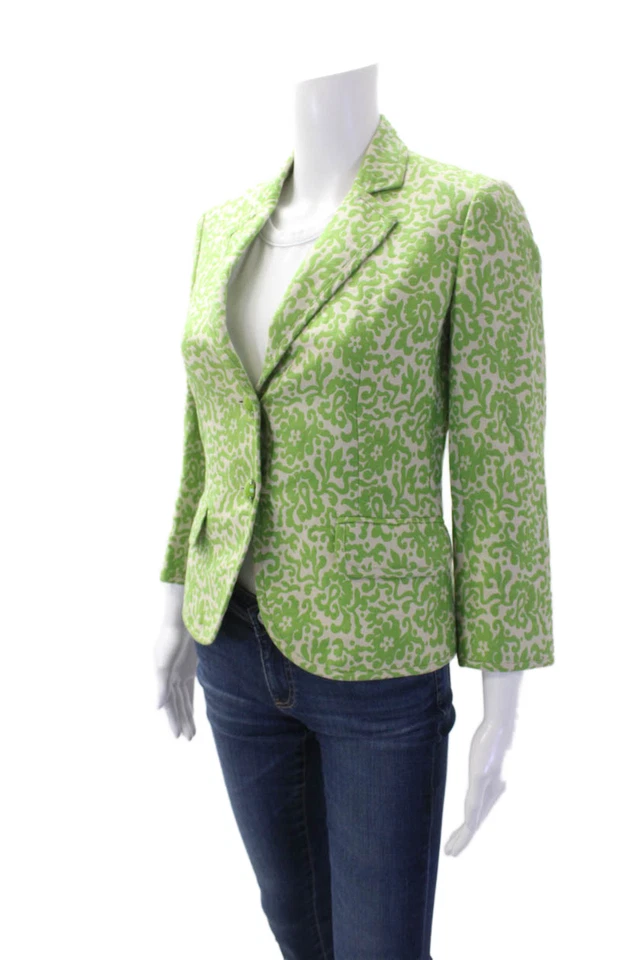 Blazer J Crew Mujer Lino Estampado Dos Botones Manga Larga Verde Talla 0 Foto 3 de 4