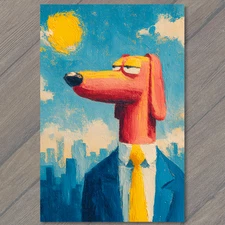 Art Print Red Dog Yellow Tie Blue Suit City Sky Funny Oil Texture