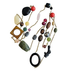 Authentic Necklace Natural Agate Onyx Jade Mother Of Pearl Quartz Beaded Gold Plated Chain