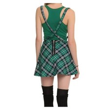 NEW Royal Bones Tartan Plaid Skirt M Green Suspenders School Girl Hot Topic Y2K