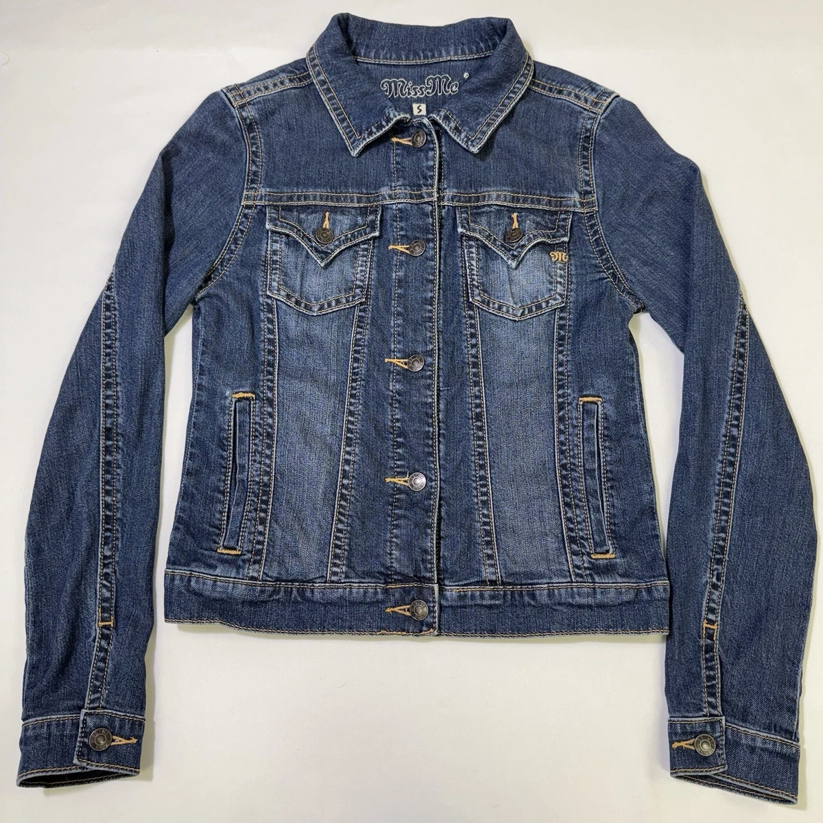 Veste Courte Miss Me Brodée Fleurs Noires - Taille M, 100% Coton, Col à 2 Boutons | Occasion