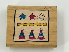 Wood Mounted Rubber Stamp Birthday Party Hats Stars 2.25in x 2.25in