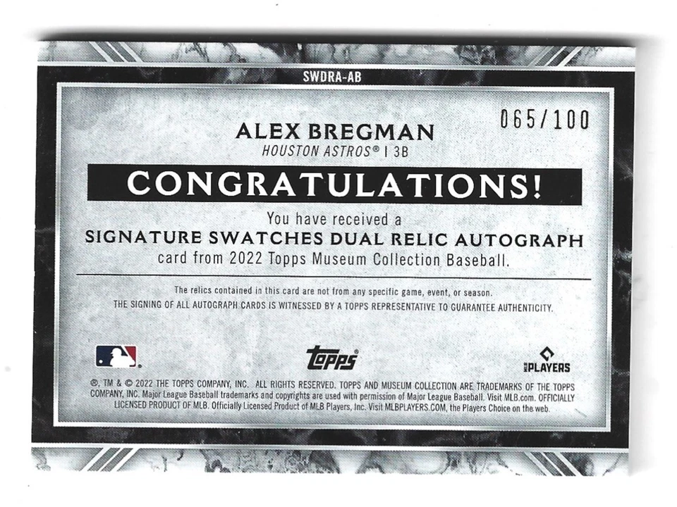 Alex Bregman 2022 Topps Museum Collection Dual Jersey Relic AUTO /100 - Image 2 of 2