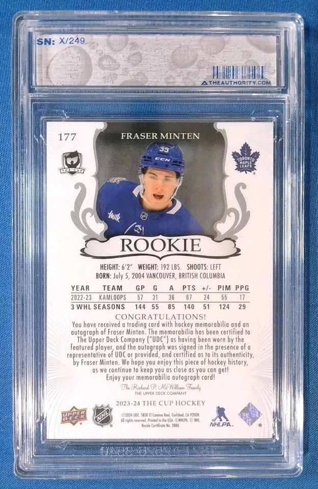 2023-24 UD The Cup Fraser Minten Rookie Auto Patch /249 (RC, RPA) - Maple Leafs - Image 2 of 2
