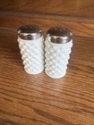 Vintage Hobnail Milk Glass Salt and Pepper Shakers with Metal Lids