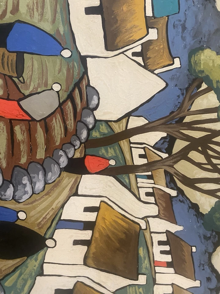 Markey Robinson-Figures before buildings, gouache on board, mounted and framed, - Image 3 of 4