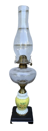 Antique Hand Painted Oil Lamp Milk Glass Ribbed Floral Body Metal Base
