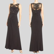 ELIZA j. Sequin Lace Bodice Draped Jersey Gown Dress Black Size 6