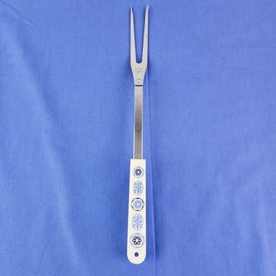 Vintage ACE Meat Serving Fork Stainless Steel Blue Flowers Design 2 Prong