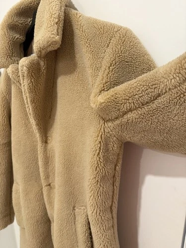 Topman Man’s Beige Borg Fleece Long Overcoat Button Front Pockets L Chest 40-42 image 7
