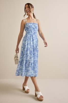 francesca's Blue Gabriela Floral Tiered Midi Dress Women's Medium NWT