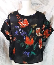 NWOT EXPRESS XS Multicolor Floral Short Sleeve Blouse Ruffle Trim Oversized Boxy