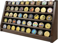 Challenge Coin Display Case, 5 Rows Military Wooden Holder 5 Rows, Walnut 