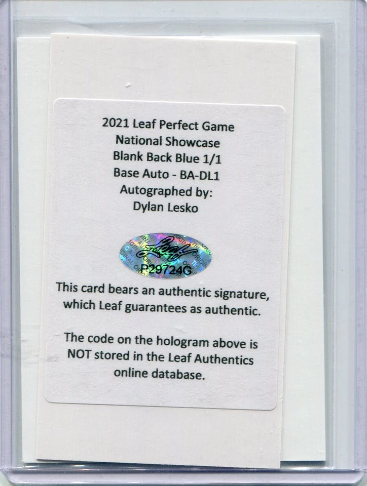 2021 Leaf Perfect Game Showcase Autographs Blue Proof Dylan Lesko Auto 1/1 - Image 2 of 2