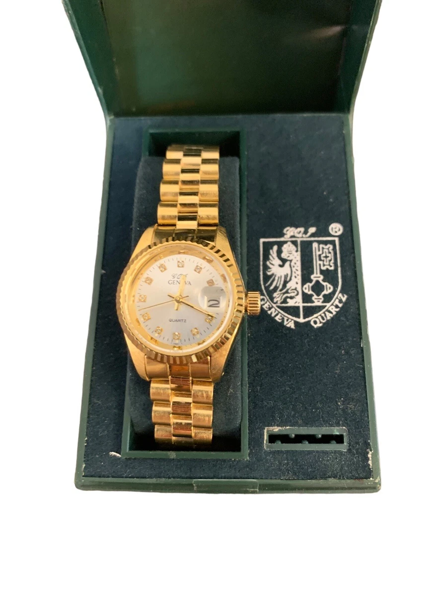 Vintage Geneva GQJ Gold Tone Dial Jeweled Bezel Dial Quartz Wrist Watch womans