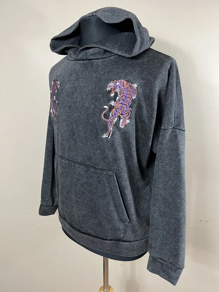 EPTM S Small Hoodie Sweatshirt Mens Gray Embroidered Tiger Rare Pocket L/S B1 - Image 4 of 4