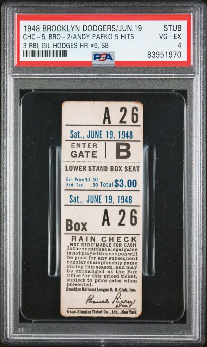 1948 GIL HODGES HR#6 SB#2 JACKIE ROBINSON PAFKO 5HIT TICKET🎟️6