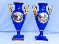 2 Beautiful Emperor Napoleon Cobalt Blue Porcelain Vases France Waterloo Battle