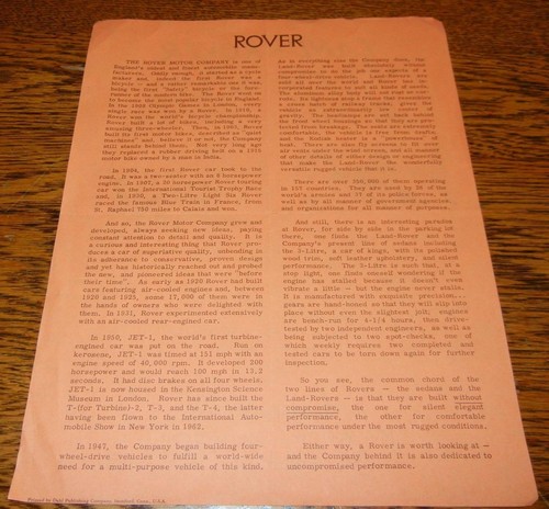 HOJA DE FOLLETO DE VENTAS DE LAND ROVER DE COLECCIÓN BRITISH ENGINEERING CO. CLEVELAND, OHIO - Imagen 2 de 2