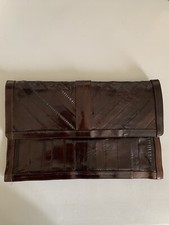 Eel Skin Leather Envelope Clutch Handbag Vtg 80s Brown 12x8