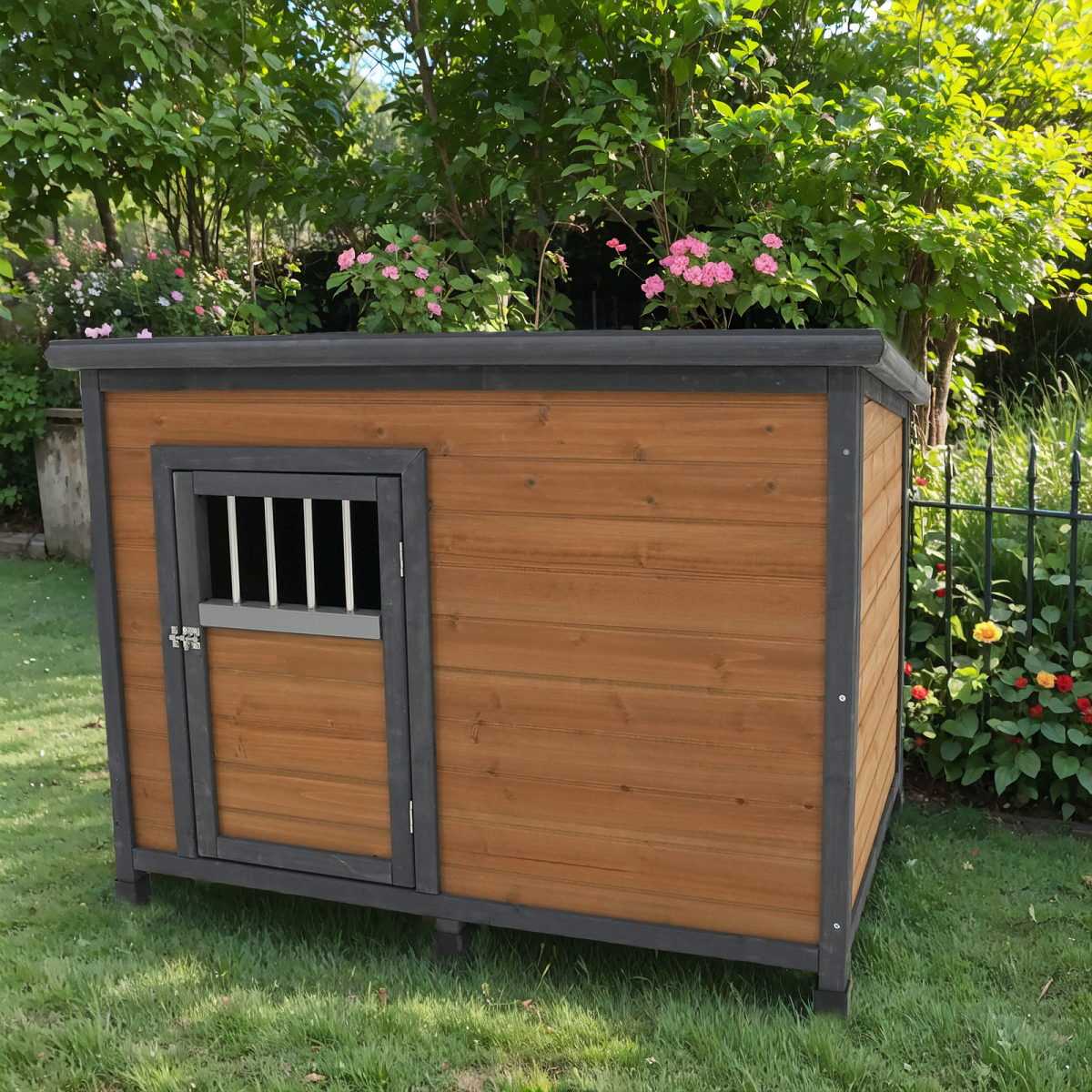Waterproof Wooden Dog Kennel Outdoor (61x53x73cm) - Small & Medium Outdoor Dog House With Elevated Floor - PVC