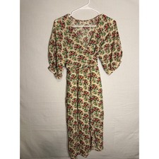 Urban Outfitters Floral Wrap Midi Dress Puff Sleeve Tie Waist Cream Pink Small