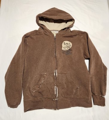 Anchor Blue Hoodie M Men Brown Skull Graphic Zip-Up Distressed Y2K Fleece