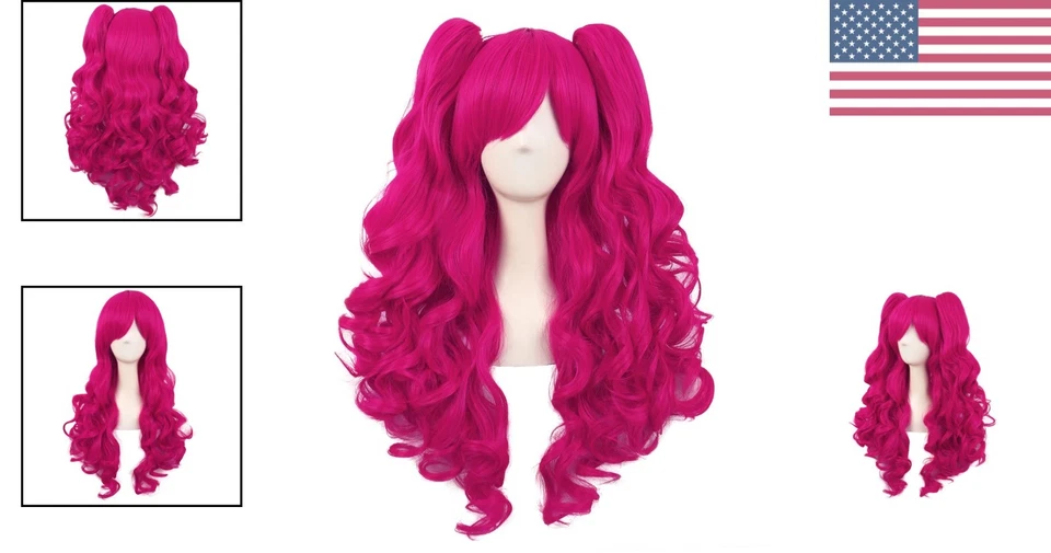 28 Inch Hot Pink Curly Cosplay Wig with 2 Clip-On Ponytails - High Temp Fiber - Image 2 of 4