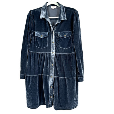Umgee USA Steel Blue Velvet Button-Down Tiered Dress Small Boho Country Glam
