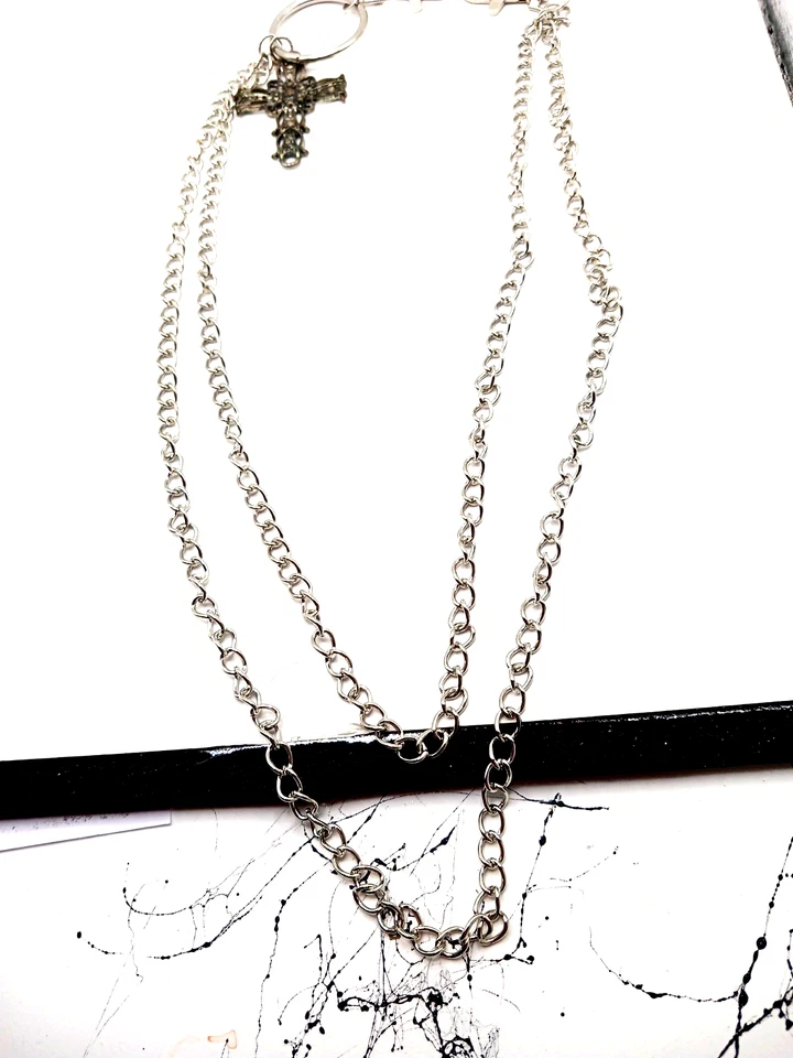 Carteira ou calça masculina dupla camada corrente tom prata + estilo antigo cruz -21" - Imagem 4 de 4