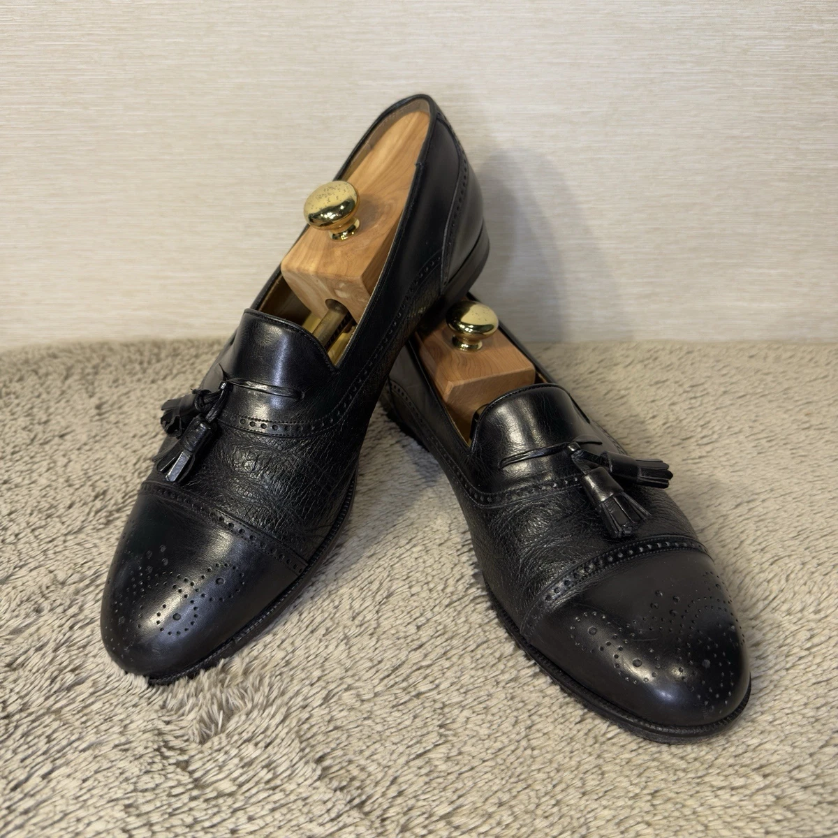 Mezlan Havana Black Leather Wingtip Tassel Loafers Men display picture 1