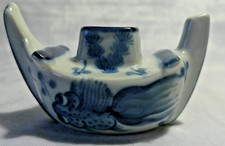 Vintage Chinese Blue Pen Ink Paint Brush Stand Goldfish Boat Calligraphy Pot