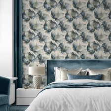 World of Wallpaper Floral Elysian Blue Grey Cream Gold Flowers AF0033