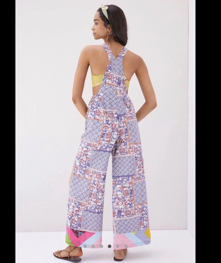 Macacão Anthropologie Let Me Be Patchwork Novo com etiquetas Tamanho: M Bolsos de Perna Larga Forrados Boho - Imagem 4 de 4