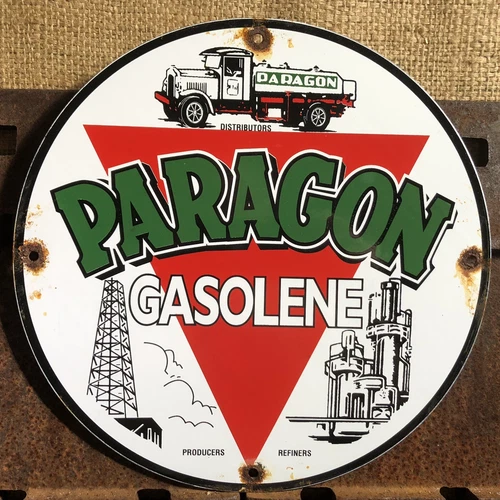 VINTAGE PARAGON GASOLENE 11.75” PORCELAIN ENAMEL GAS PUMP STATION SIGN GASOLINE