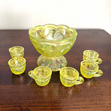 Summit Art Glass Vaseline Iridescent Floral Glass Mini Punch Bowl Set, USA