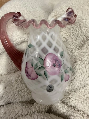 Fenton Glass White Opalescent Diamond Trellis Pink Crest HP Floral Pitcher SIGND