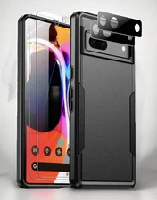 Black Google Pixel 7 Case with 2 Pcs Tempered Glass Screen Protector Shockproof