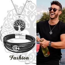 Men Stainless Steel Tree Of Life Layer Leather Cuff Bracelet Dangle Necklace Set