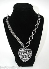 SWEET LOLA ANTIQUE SILVER TONE MULTI CHAIN+CARVED PUFFED HEART PENDANT NECKLACE