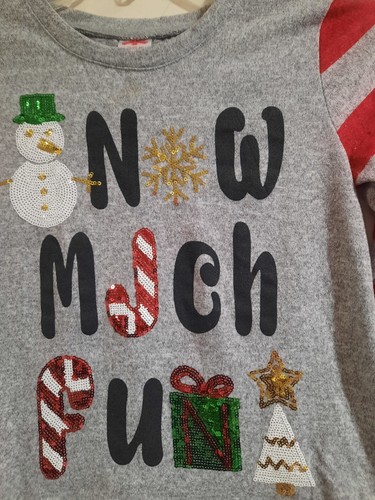 Girls Snow Much Fun Gray Red Stripes Sequin Snowman Christmas Shirt. Size 10-12. - Picture 2 of 6