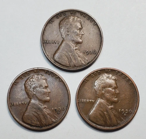 1936 P D S Lincoln Wheat Cent Set - 3 Coin Year Set, VF-XF, Excact Coins Shown
