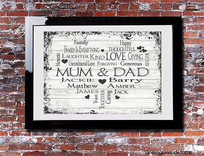 Personalised Mum & Dad Word Art Picture Print Wall Words Canvas Vintage ...