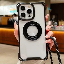 For iPhone 15 16 Pro Max 11 14 Shockproof Clear Mag Safe Crossbody Strap Case