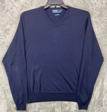 VTG Polo Ralph Lauren Men's V-Neck Sweater Navy Large 100 Silk