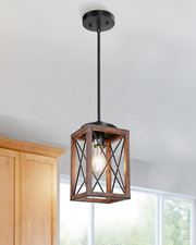 Farmhouse Pendant Light, Adjustable Metal Fixture with Wooden Finish for Home