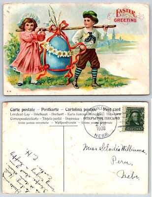 Easter BOY & GIRL CARRY HUGE BLUE EASTER EGG 1908 Postcard Q1001