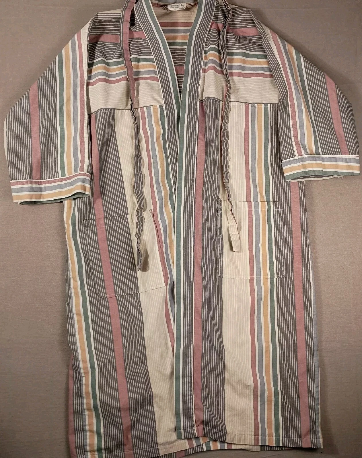 CHRISTIAN DIOR Robe De Chambre Vintage Années 90 Rayée Multicolore Poches Ceinturée