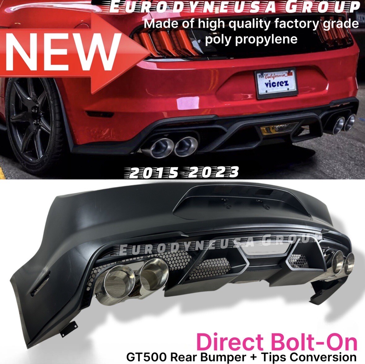 Fits All 15-23 Ford Mustang Gt500 Style Rear  Bumper + Exhaust Tips & Diffuser